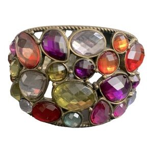 Multicolored Rhinestone Cabochon Hinged 
Brass Filigree Clamper Bangle Bracelet